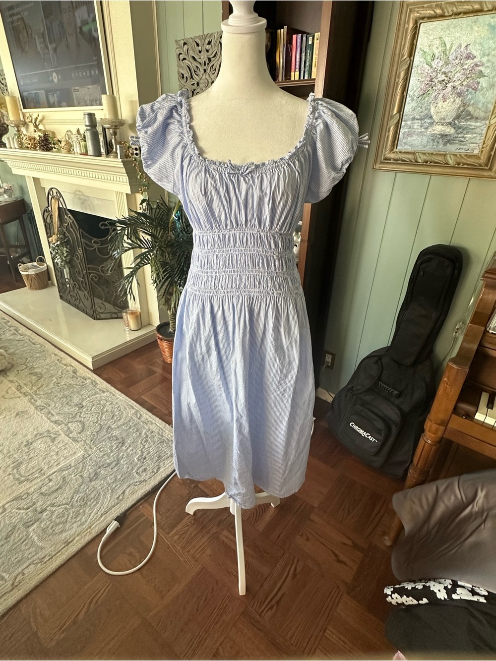 WAYF Adelina Stripe Shirred Cotton Midi Dress